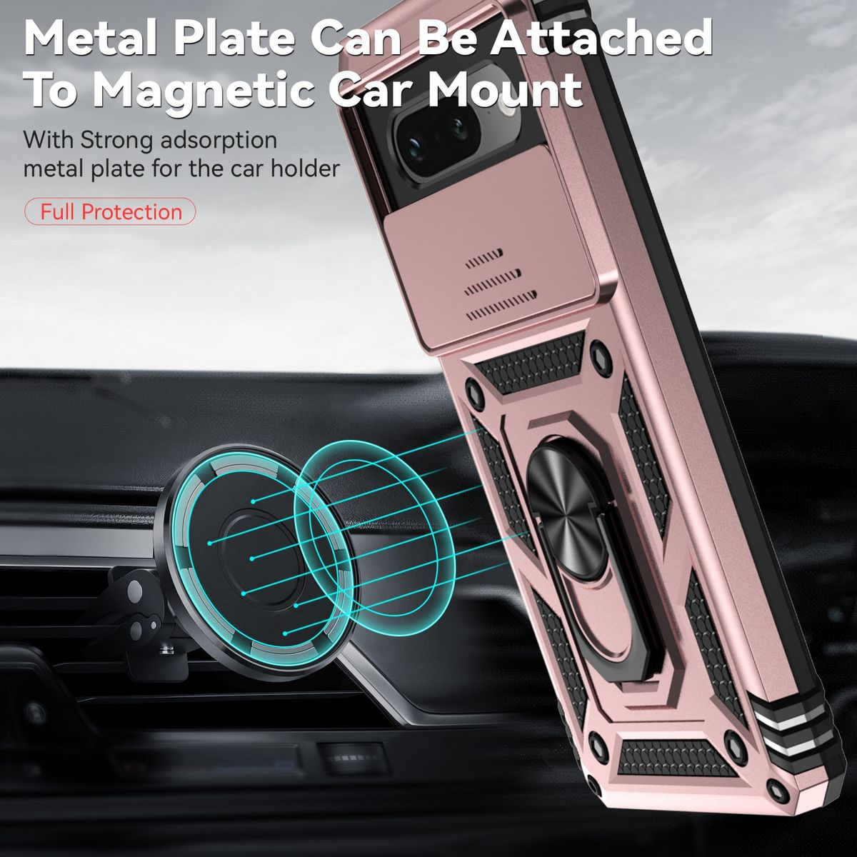 Roségoldene Handyhülle mit einem Telefon, das an einer magnetischen Autohalterung befestigt ist, mit einem Auto im Hintergrund.