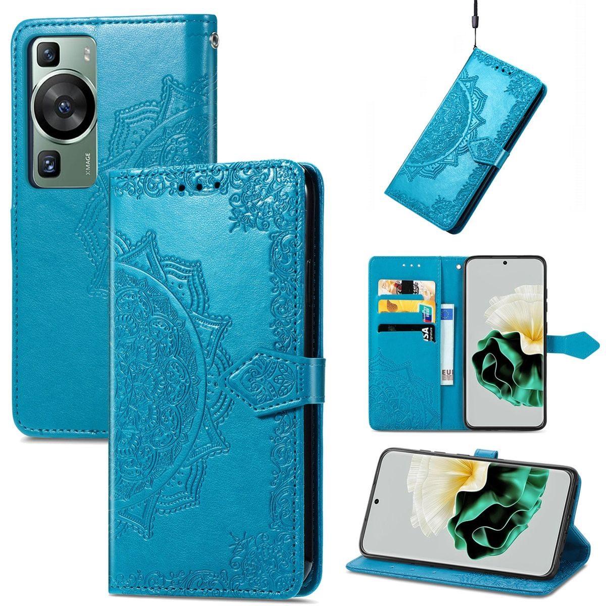 Blaue Handyhülle mit Mandala-Design. Mehrere Ansichten der Handyhülle mit blauem Mandala-Muster.