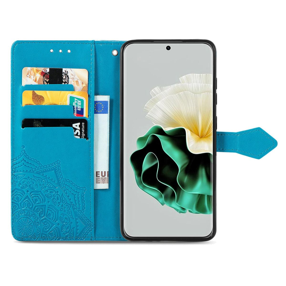 Blaue Handyhülle offen, Karten und Telefon sichtbar, Bildschirm mit bunter abstrakter Kunst.