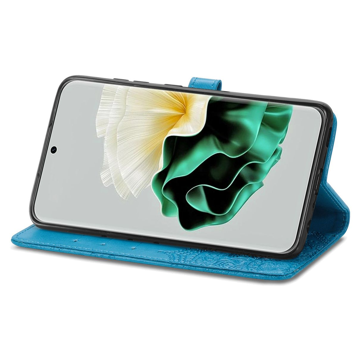 Blaue Handyhülle offen, mit Telefon. Der Telefonbildschirm zeigt ein Blumenbild. Weißer Hintergrund.