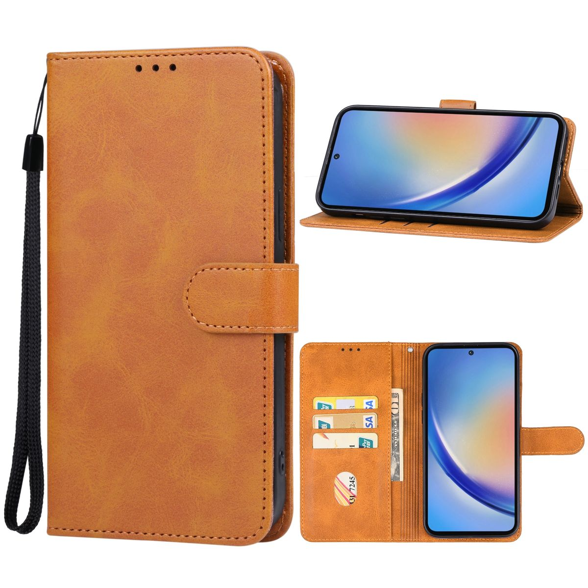 Braune Leder-Handyhülle mit Telefon, schwarzer Riemen.