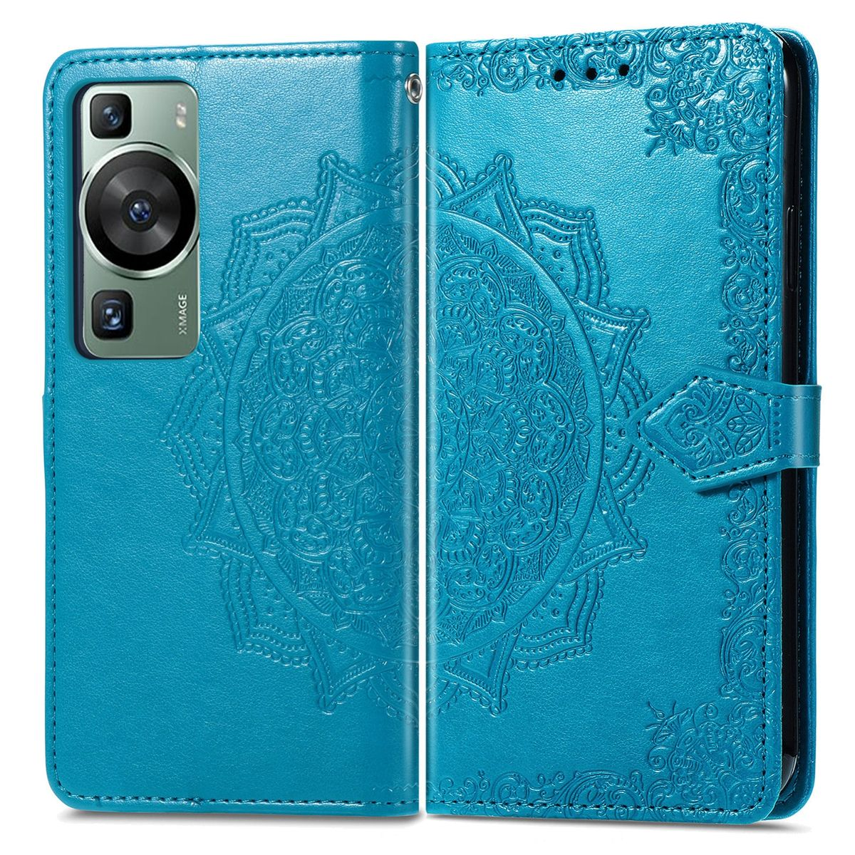 Blaue Handyhülle mit Mandala-Design, geöffnet, zeigt ein Telefon.