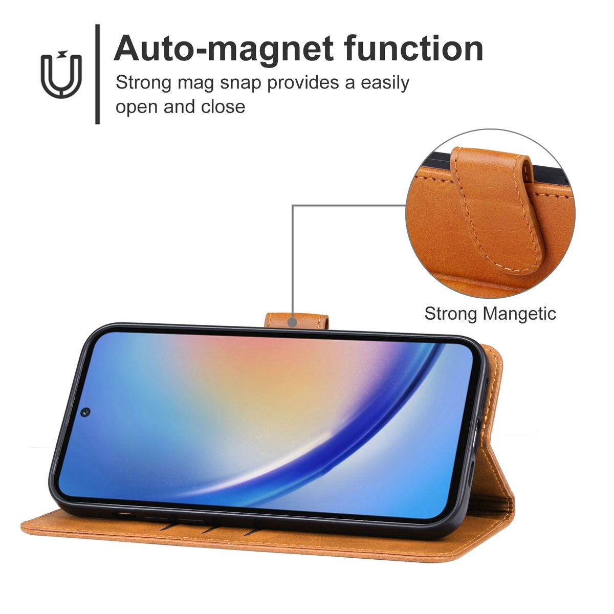 Geöffnete Handyhülle mit Telefon. Mit Magnetverschluss. Das Telefon im Querformat.