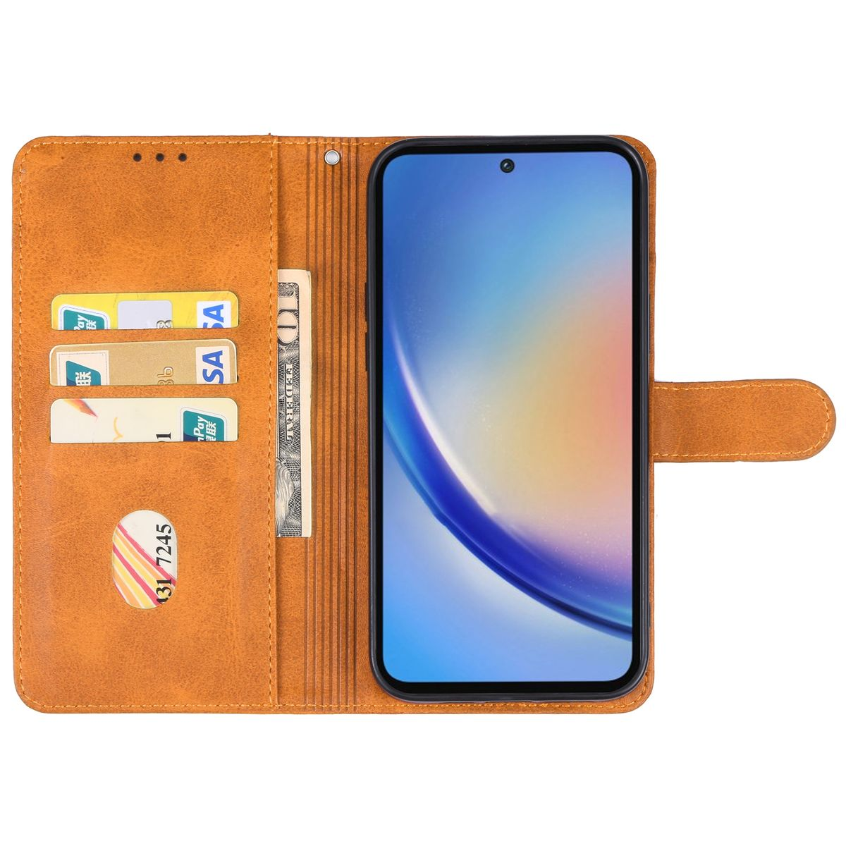 Offene Handyhülle mit Telefon und Karten darin. Braune Lederhülle mit sichtbaren Karten und Geld.