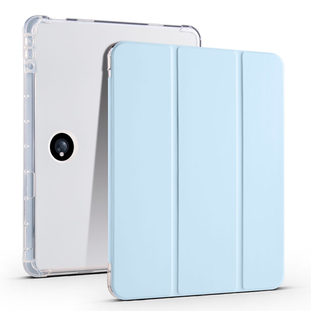 Ein Tablet mit blauem Gehäuse, weißem Hintergrund und klarer Schutzhülle.