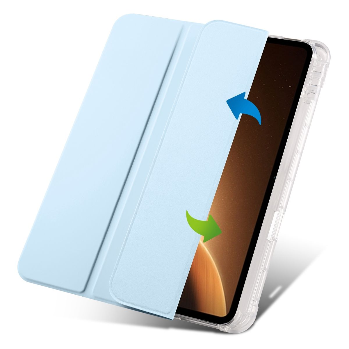 Eine hellblaue Handyhülle, offen, enthüllt ein Telefon. Blaue und grüne Pfeile zeigen auf das Telefon.