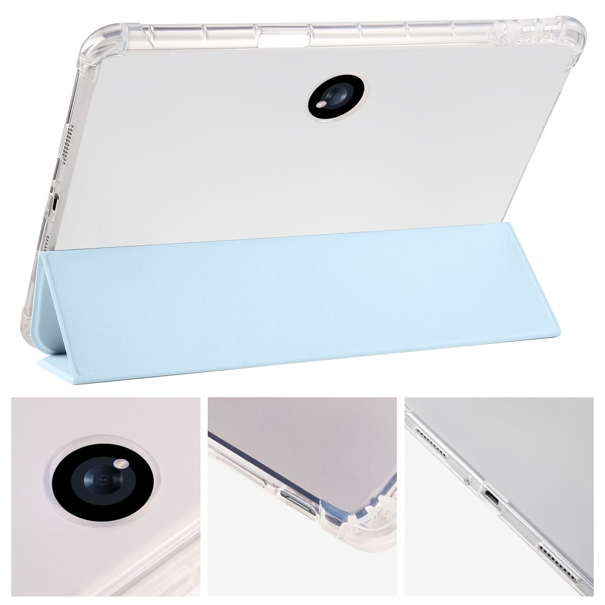 Weißes Tablet mit hellblauem Ständer und Nahaufnahmen von Kamera und Anschlüssen. Weißer Hintergrund.