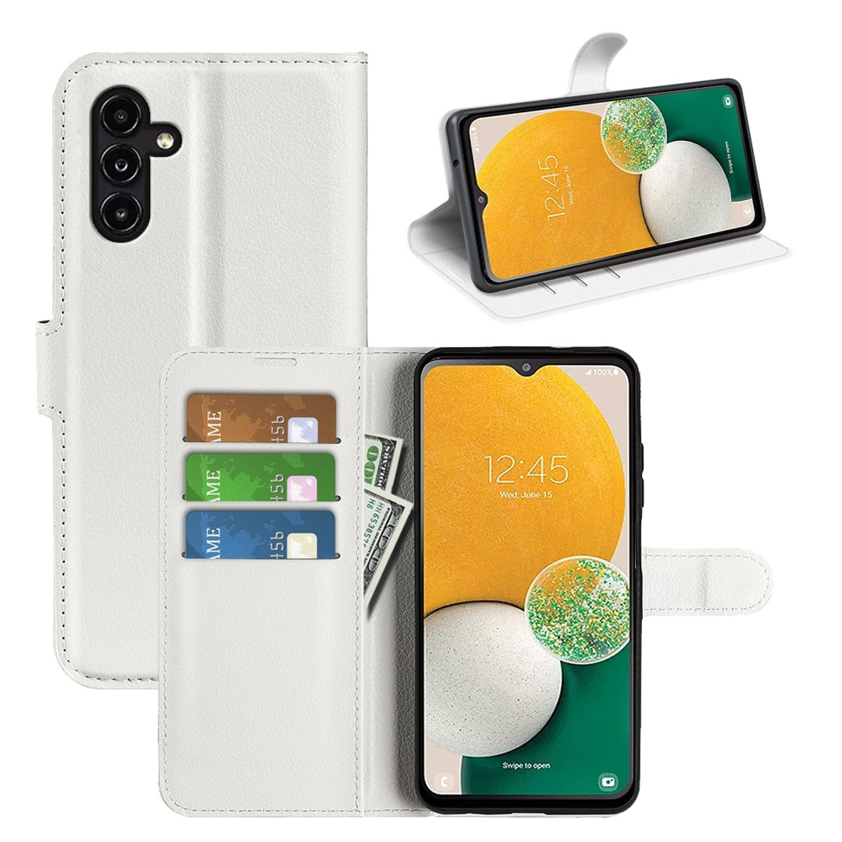 Eine weiße Handyhülle mit einem Telefon darin. Das Telefon zeigt einen weiß-gelben Hintergrund mit Karten und Geld.