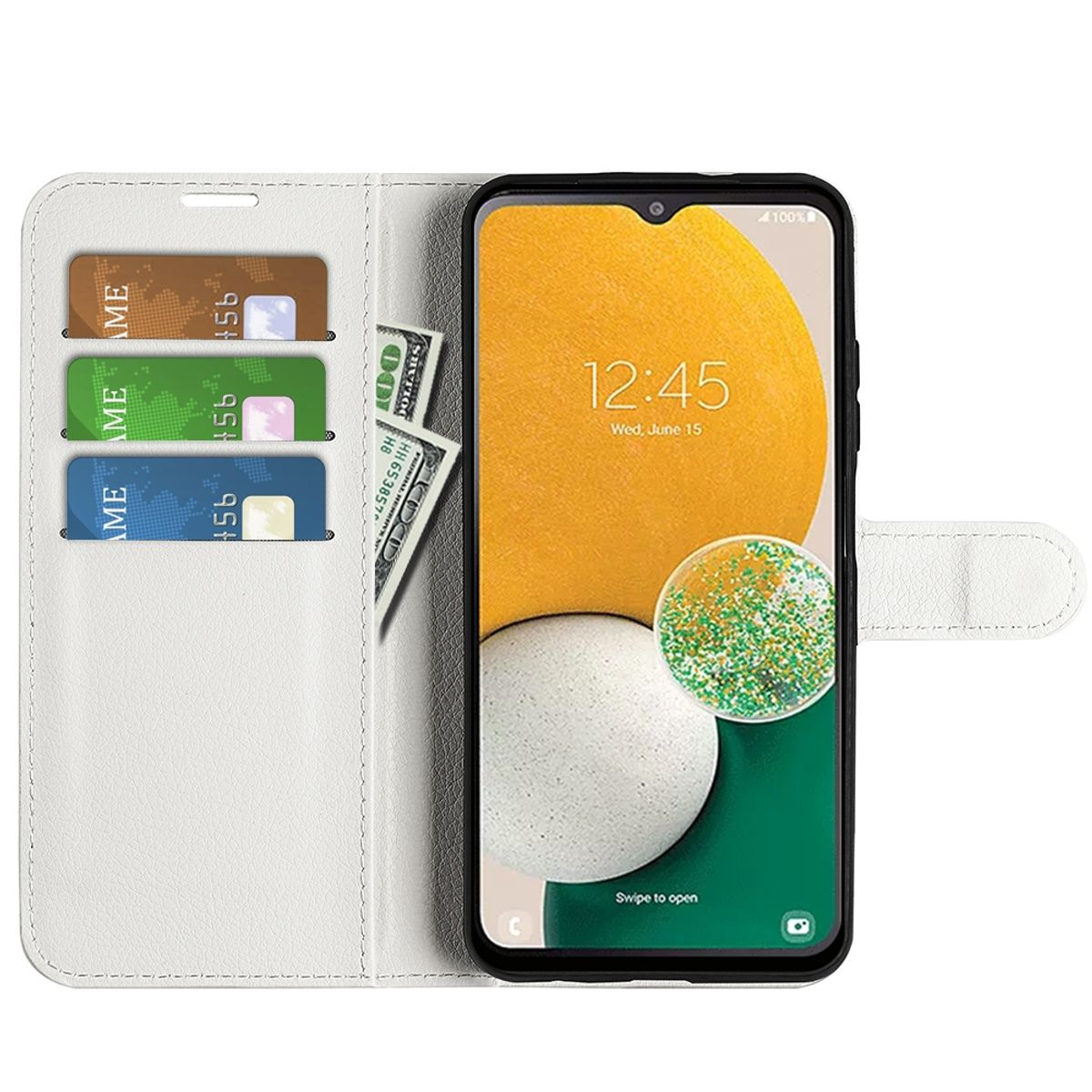 Weiße Handyhülle mit einem Telefon darin. Das Telefon zeigt eine App-Oberfläche und Karten. Weißer Hintergrund.