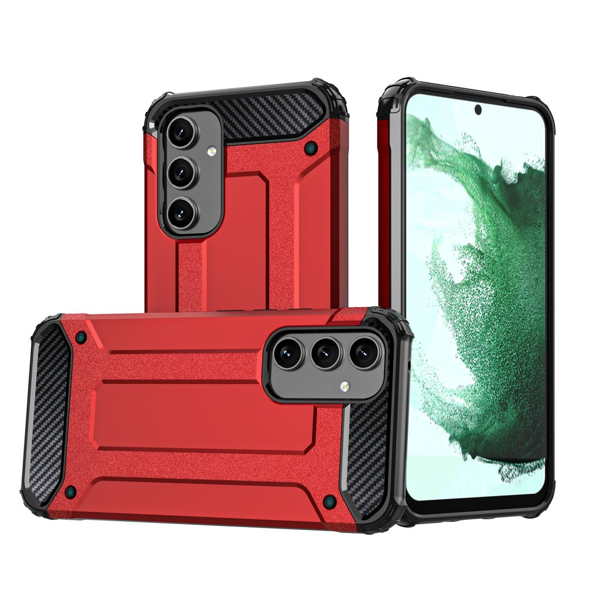 Rote Handyhüllen, drei Telefone zeigend. Rote Hüllen mit schwarzen Akzenten. Drei Telefone vorhanden.