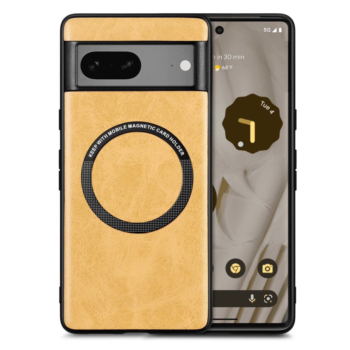 Gelbe Handyhülle mit einem Telefon, mit einem Hintergrund.