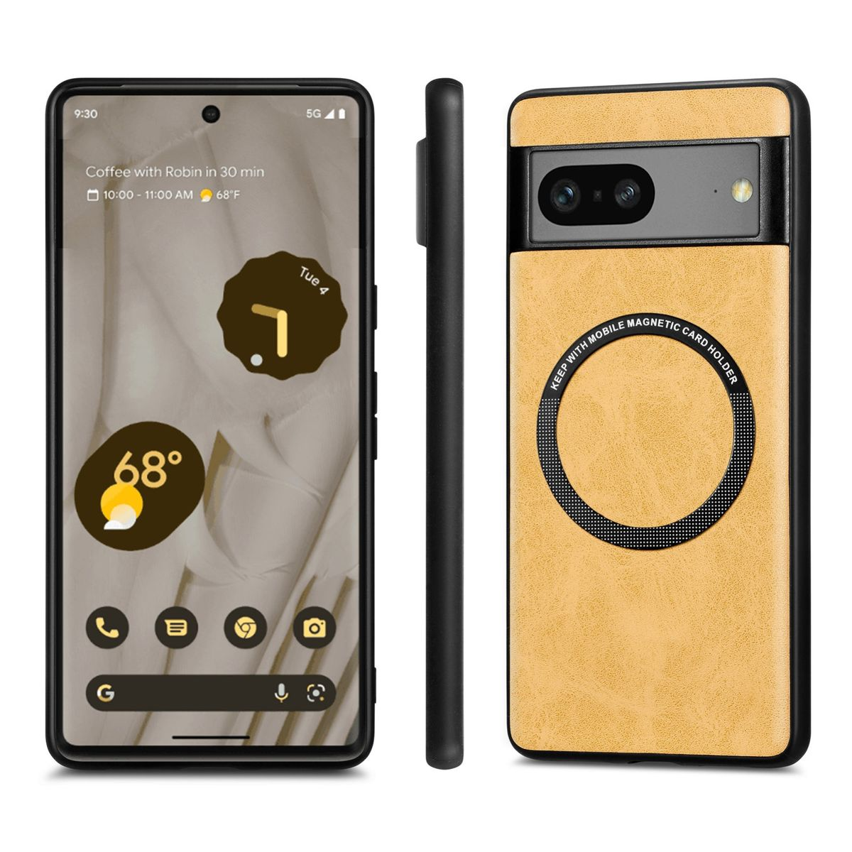 Smartphone mit Uhrzeit- und Wetteranzeige. Eine braune und schwarze Handyhülle befindet sich auf der rechten Seite.