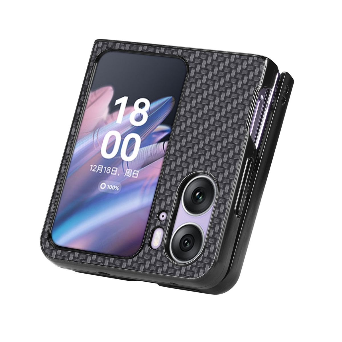 Eine Handyhülle in Carbonfaser-Textur. Das Telefon ist in der Hülle. Die Hülle ist schwarz.