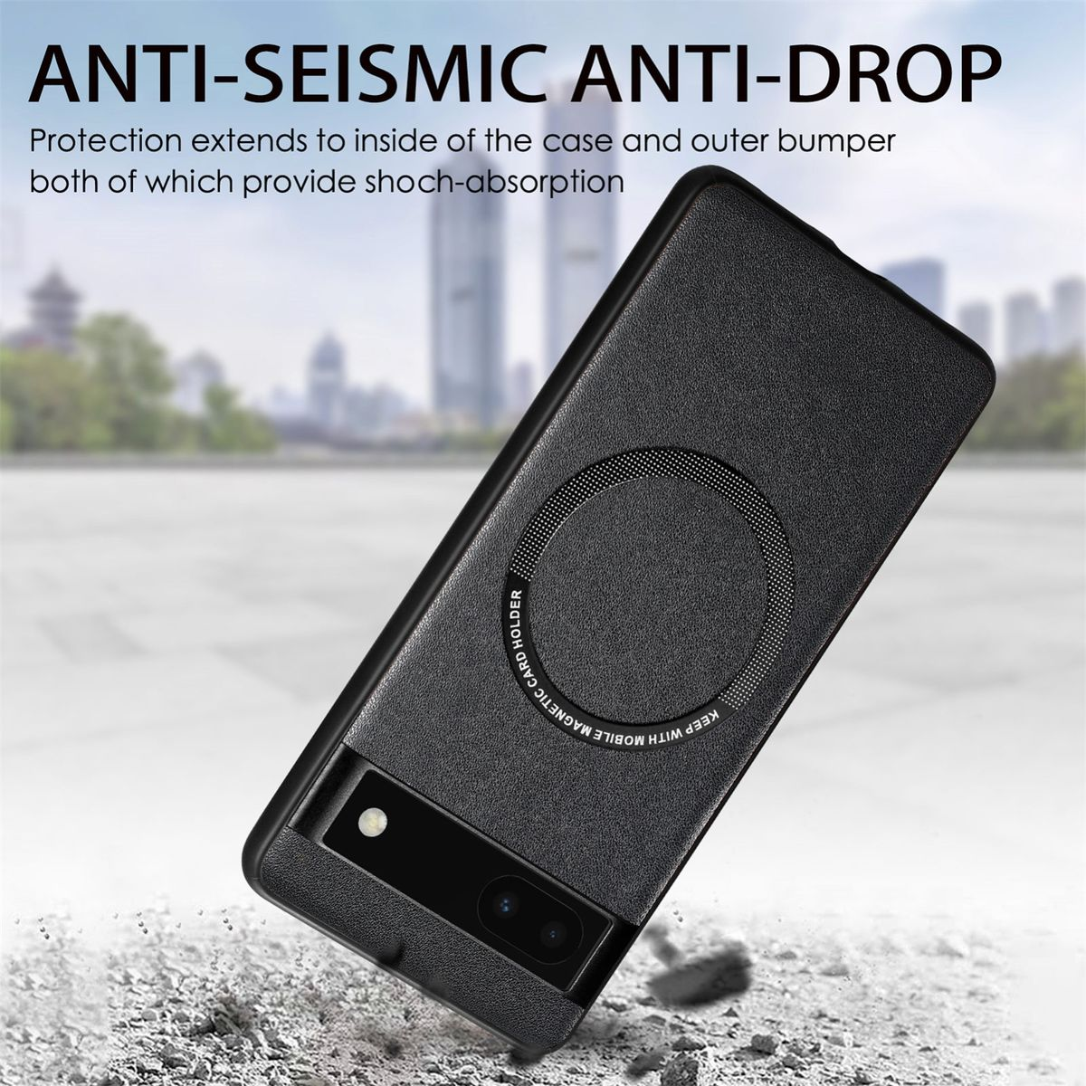 Schwarze Handyhülle auf einer Oberfläche. Text: 'Anti-Seismic Anti-Drop' und 'Keep with magnetic card holder'.