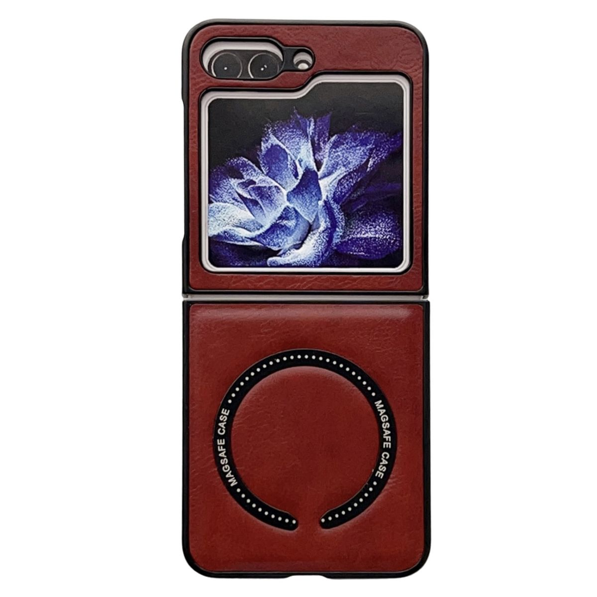 Rote Leder-Handyhülle, offen. Das Etui hat ein Blumenbild auf der Vorderseite. Schwarzer Ring unten.