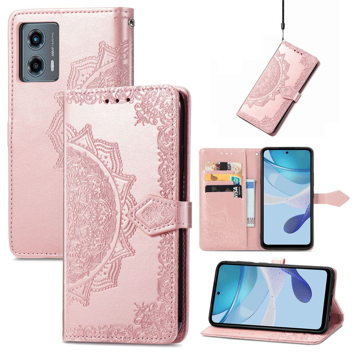 Rosa Handyhülle mit Mandala-Design, zeigt verschiedene Ansichten und ein Telefon darin.