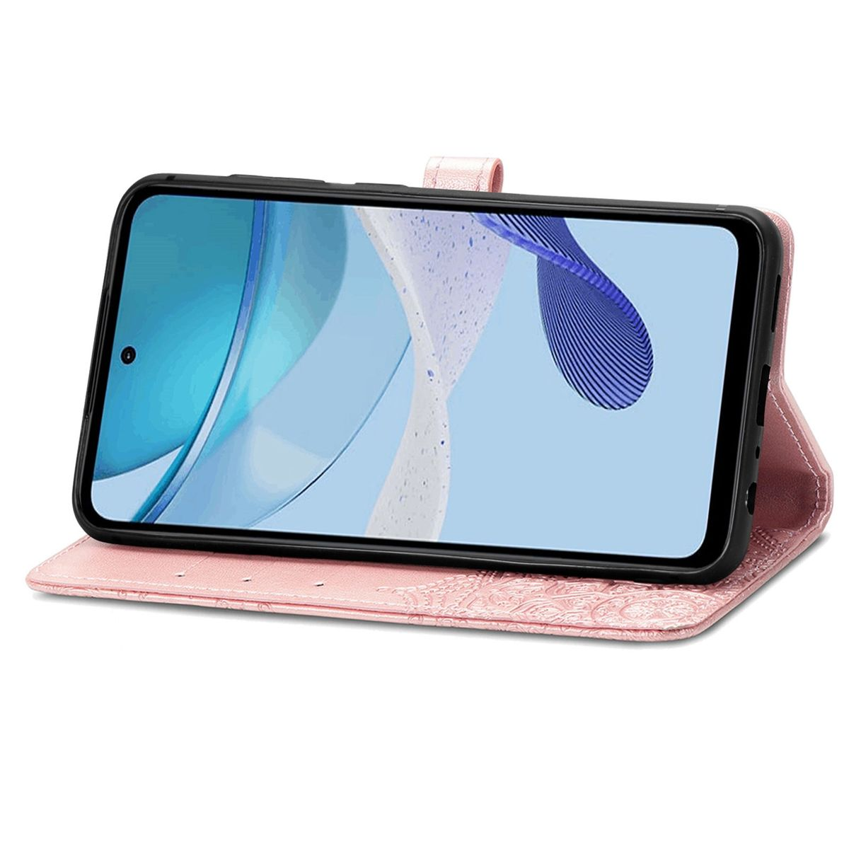 Eine rosa Folio-Handyhülle, geöffnet, mit einem Telefon darin. Das Telefon zeigt einen Bildschirm.