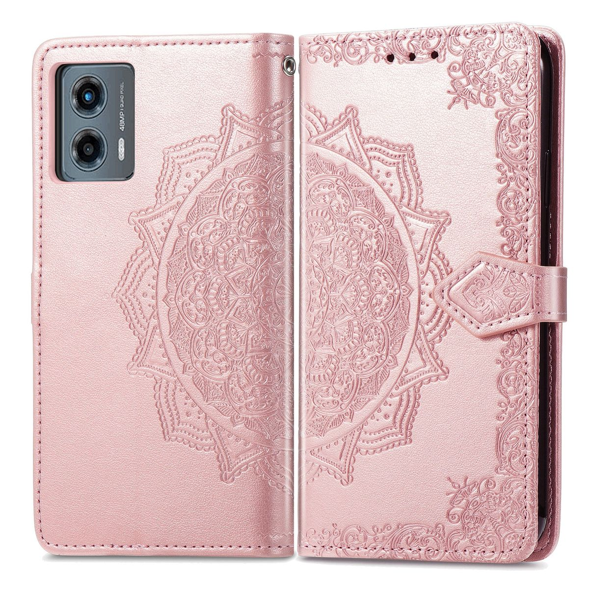 Rosa Handyhülle, geprägtes Mandala-Design. Geöffnet, um das Telefon innen zu zeigen.