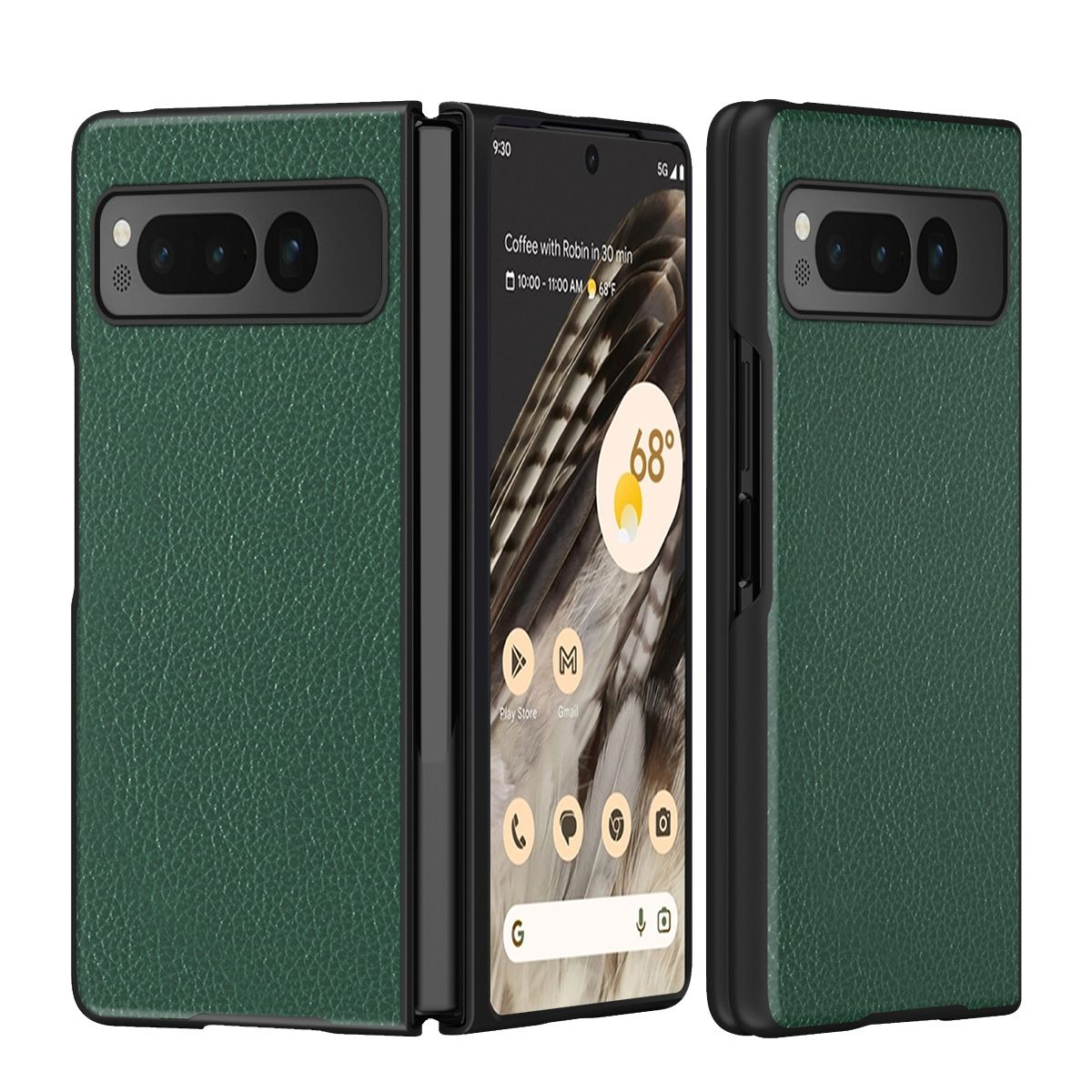 Grüne, strukturierte Handyhülle, aufgeklappt. Der Bildschirm zeigt App-Symbole und die Uhrzeit, mit Dual-Kamera.