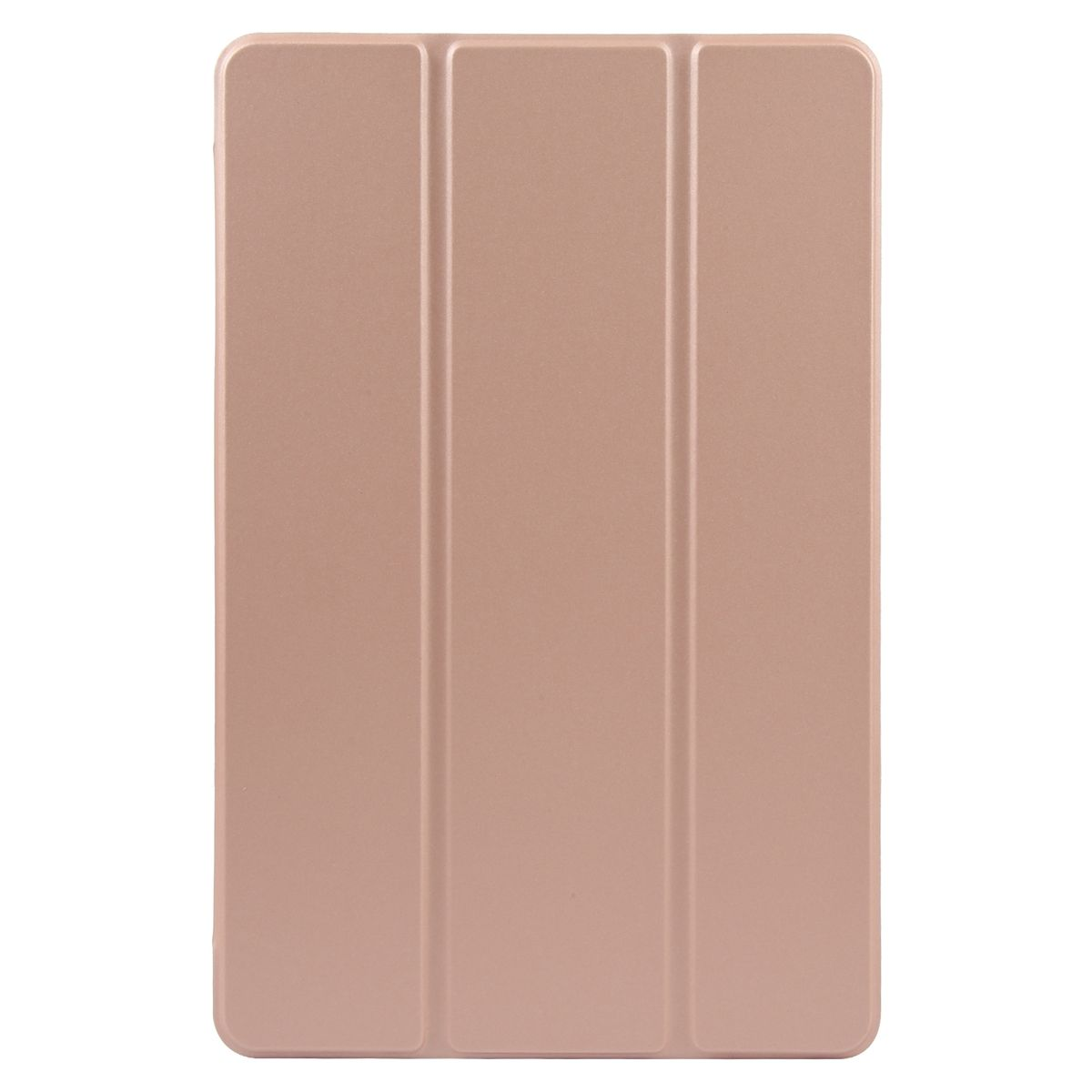 Roségoldfarbene Tablet-Hülle mit dreifachem Faltdesign. Zeigt die Hülle in geschlossenem Zustand, aus glattem Material.