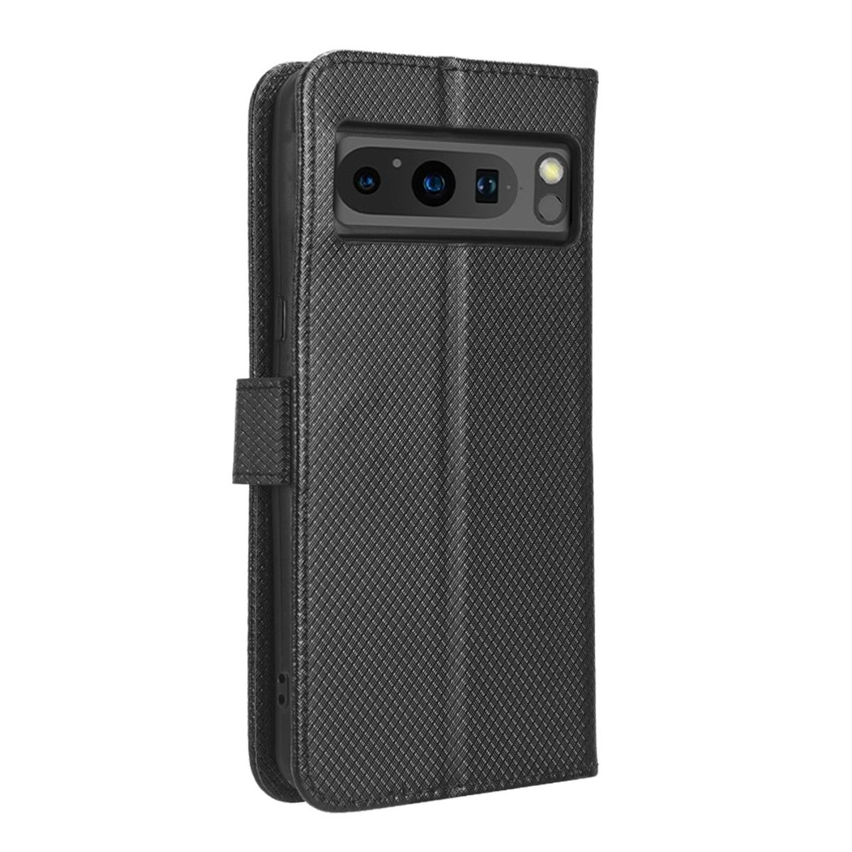 Schwarze Handyhülle, geschlossen, mit einem Telefon darin. Die Hülle hat eine strukturierte Oberfläche und einen Magnetverschluss.