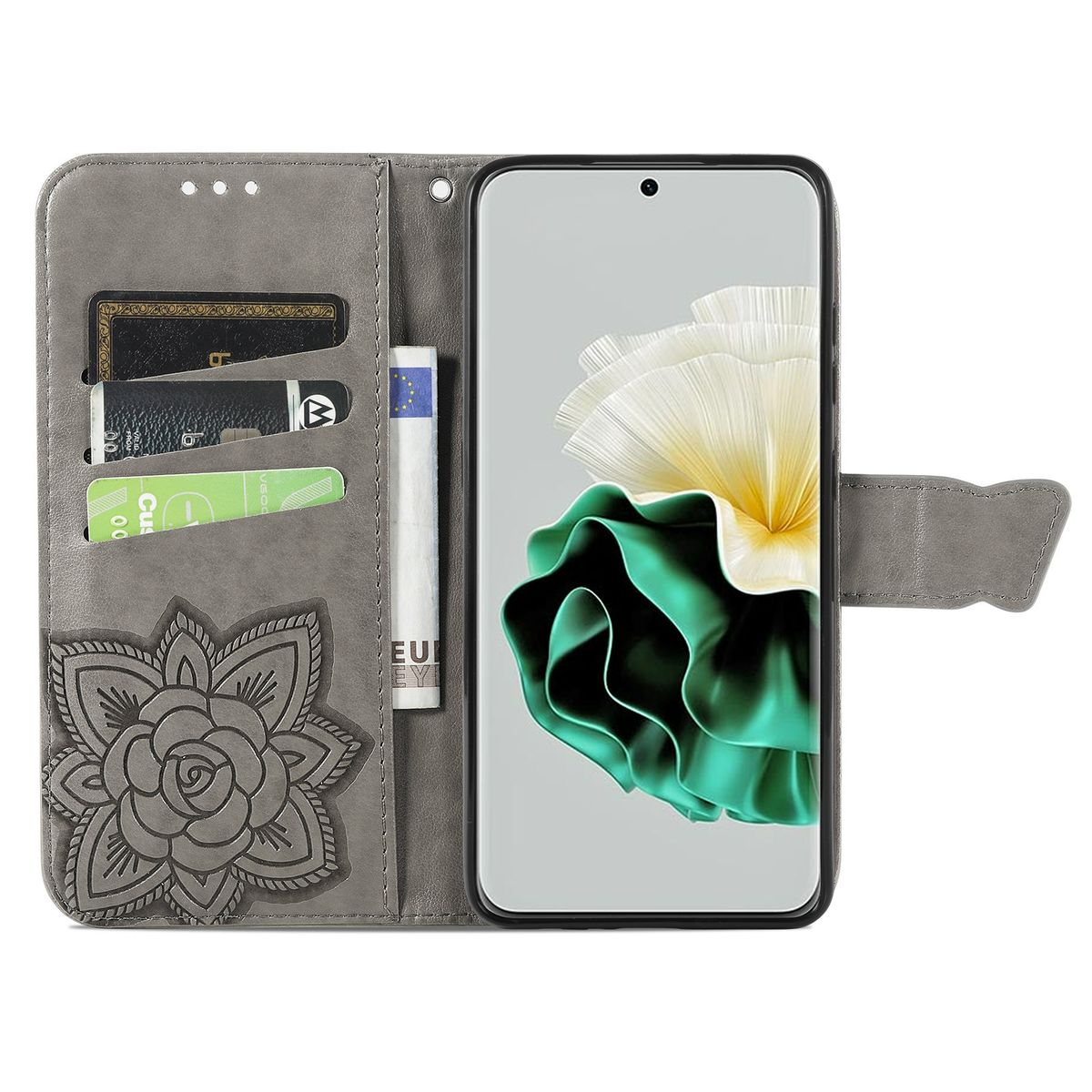 Eine graue Handyhülle mit floralem Design, Kreditkarten und Bargeld. Das Telefon zeigt eine farbenfrohe Naturszene.