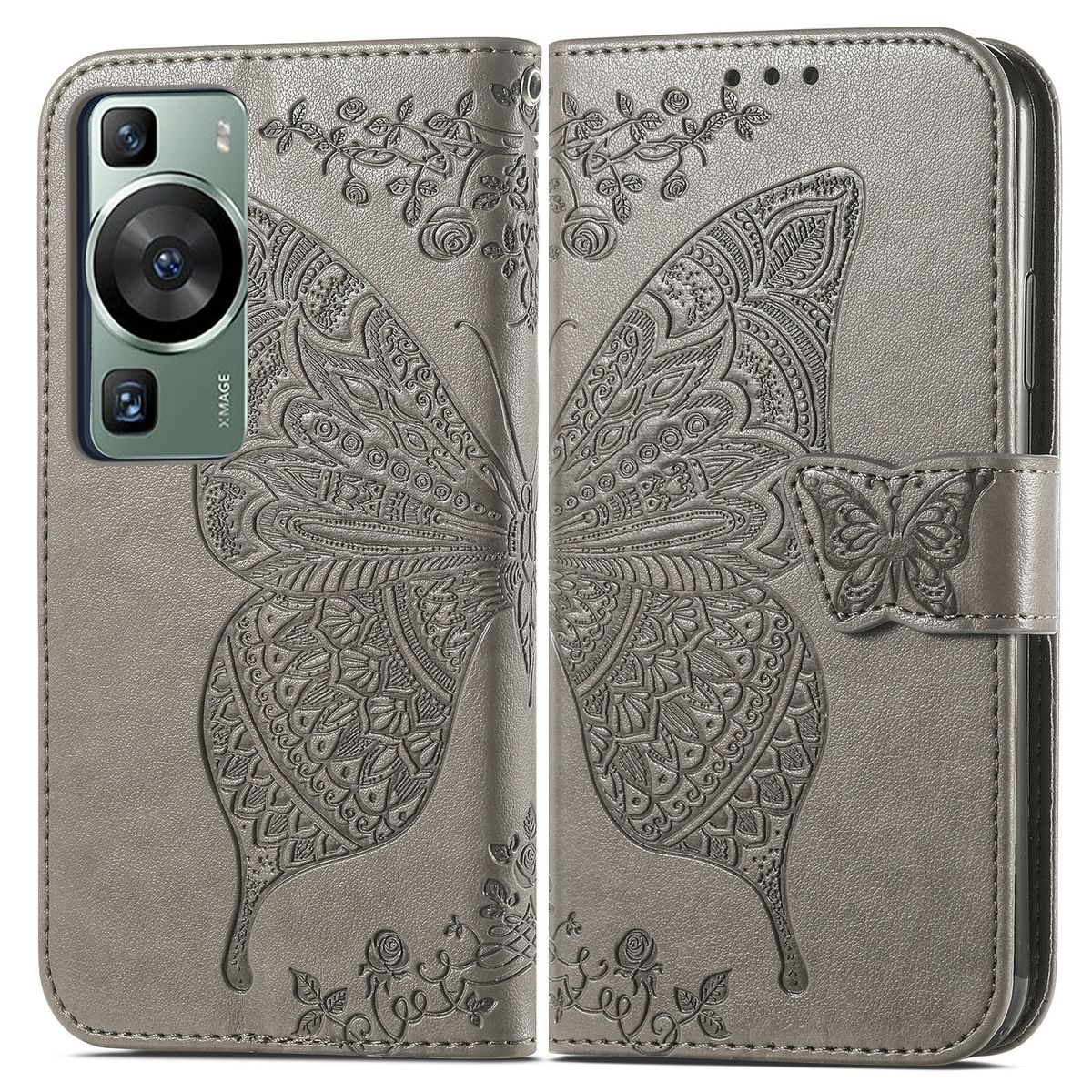 Graue Handyhülle, offen, mit großem Schmetterlingsdesign. Die Hülle ist offen mit einem Telefon darin.
