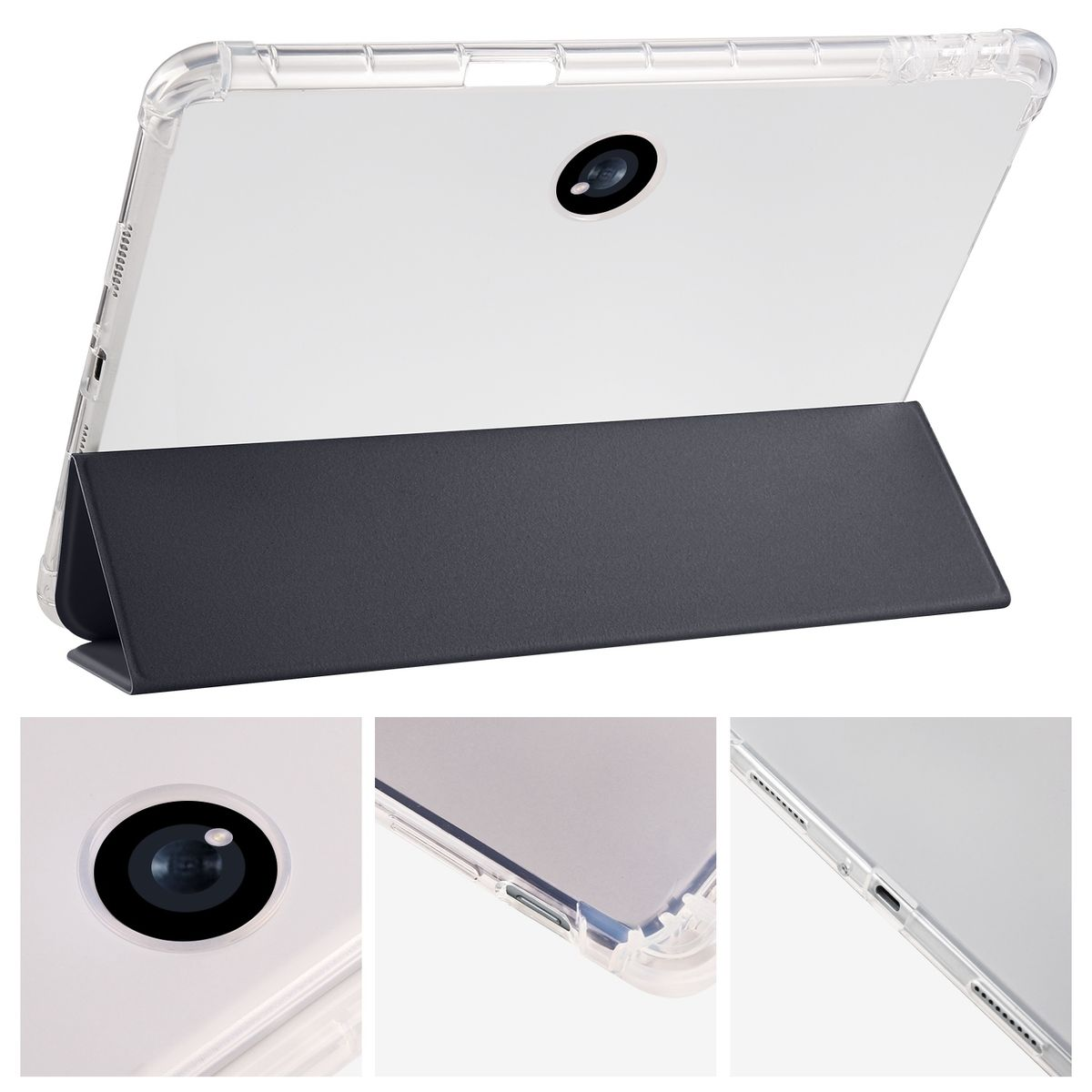 Weißes Tablet mit transparentem Gehäuse, auf einem Ständer. Nahaufnahme der Kamera und Portdetails.