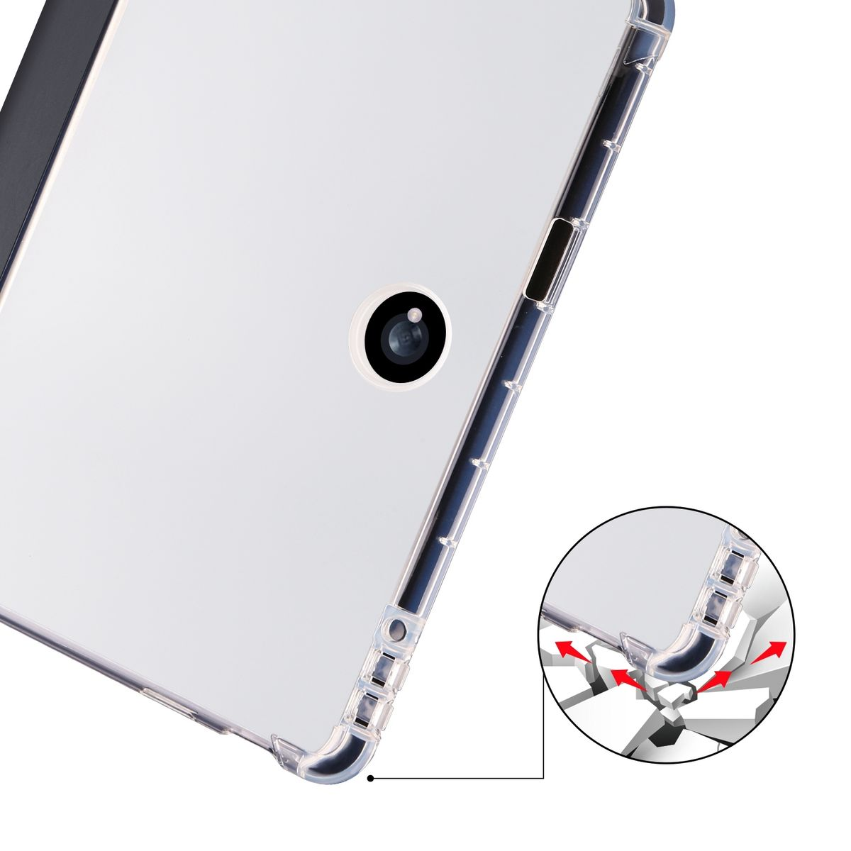 Transparente Handyhülle mit Telefon. Die Hülle hat einen Kameraausschnitt und wird mit Aufprallpfeilen gezeigt.
