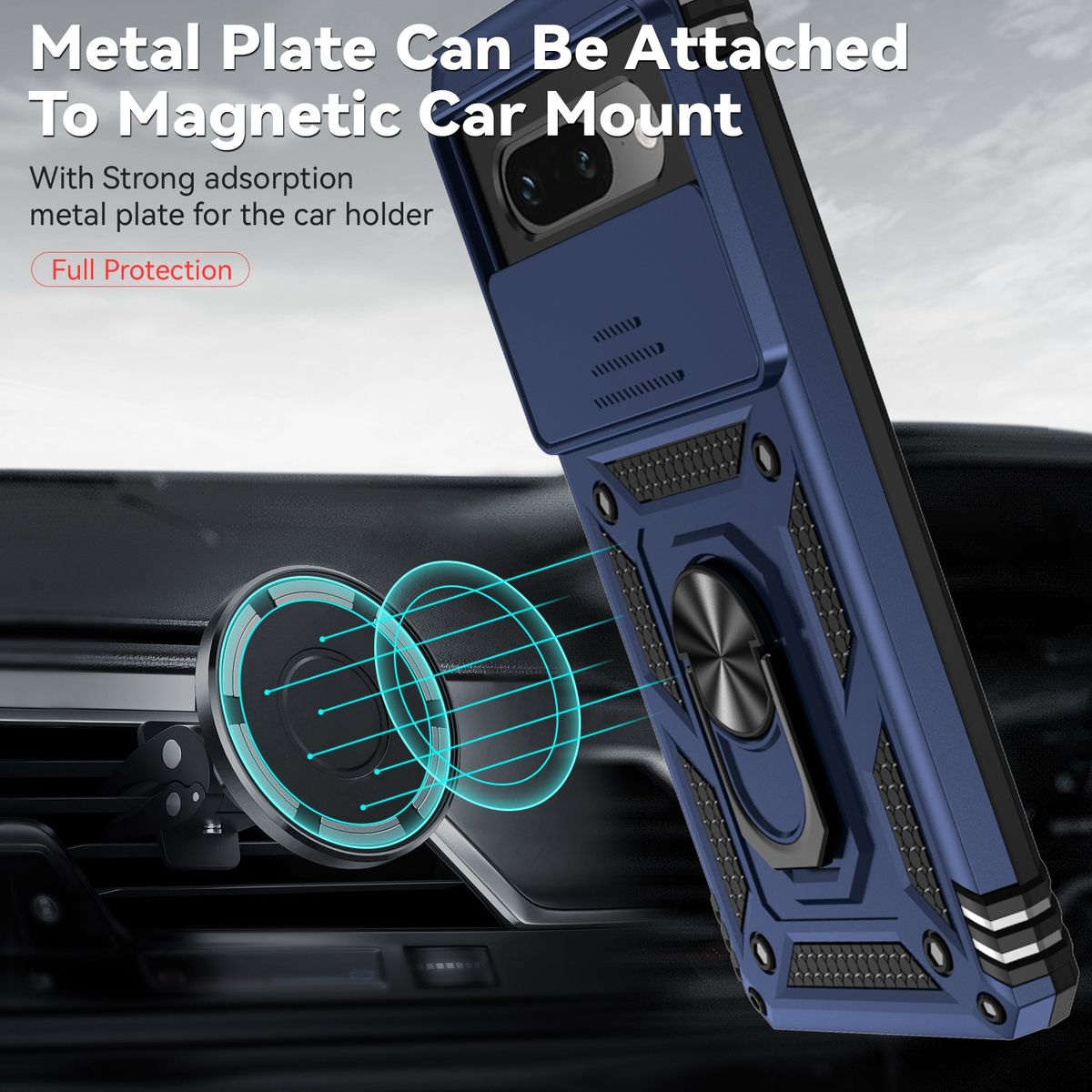 Eine marineblaue Handyhülle, die an einer Autohalterung befestigt ist. Die Handyhülle hat einen Metallring.
