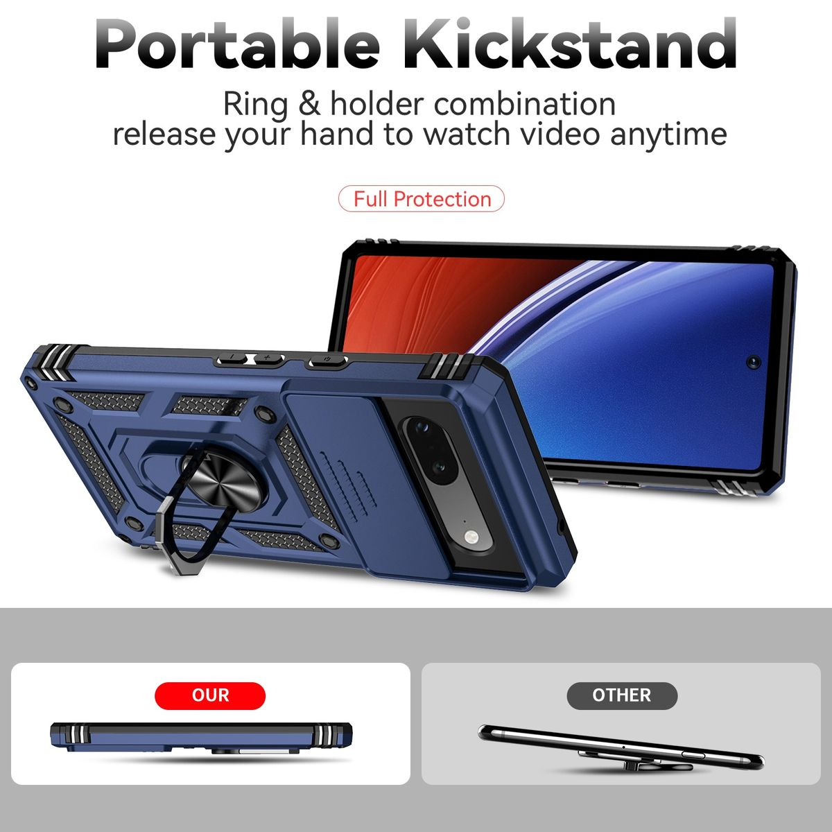 Eine blaue Handyhülle mit Ständer ist geöffnet. Das Telefon zeigt ein blaues und lila abstraktes Design. Der Text lautet Portable Kickstand.