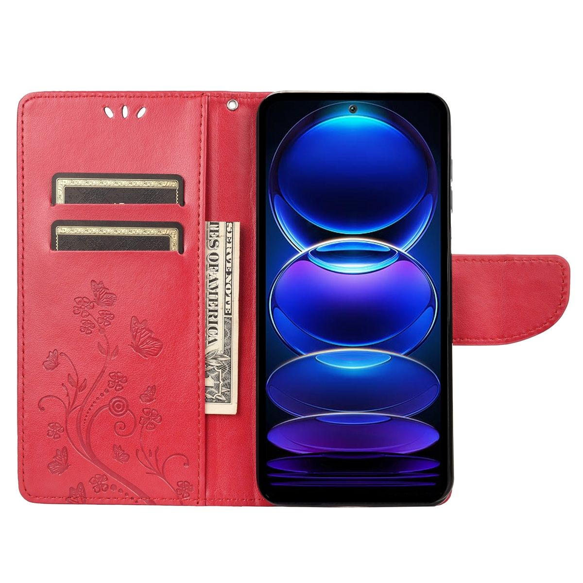 Rote Handyhülle mit Telefon darin. Offen, mit Karten und Geld sichtbar. Blumenmuster auf der linken Innenseite.