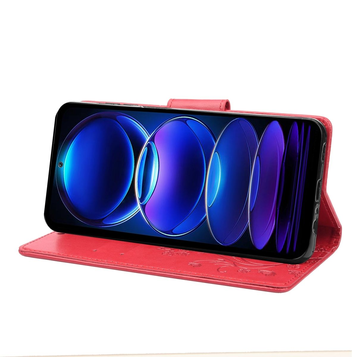 Rote Handyhülle mit einem Telefon, das ein blaues und violettes abstraktes Bild anzeigt. Die Hülle ist offen.