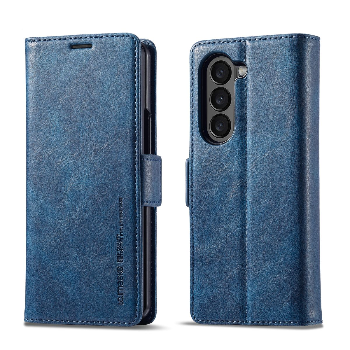 Blaue Leder-Handyhülle, geschlossen und geöffnet, zeigt das Telefon. Weißer Hintergrund.