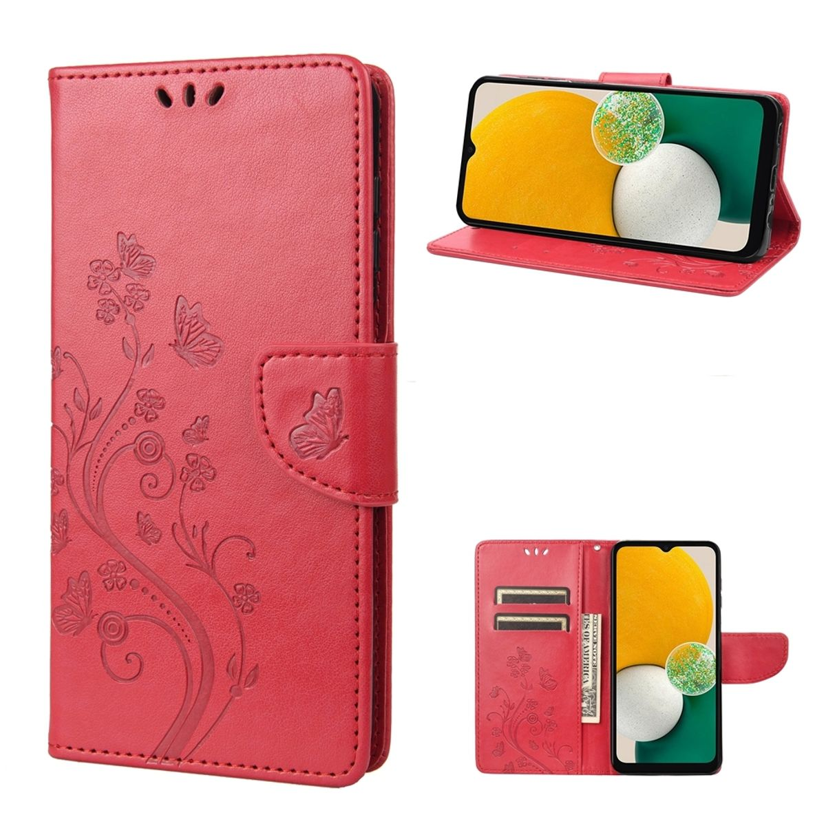 Rote Handyhülle mit Blumendesign. Telefon offen, Bildschirm zeigend. Ein weiteres offen, Geld zeigend. Drei Ansichten.
