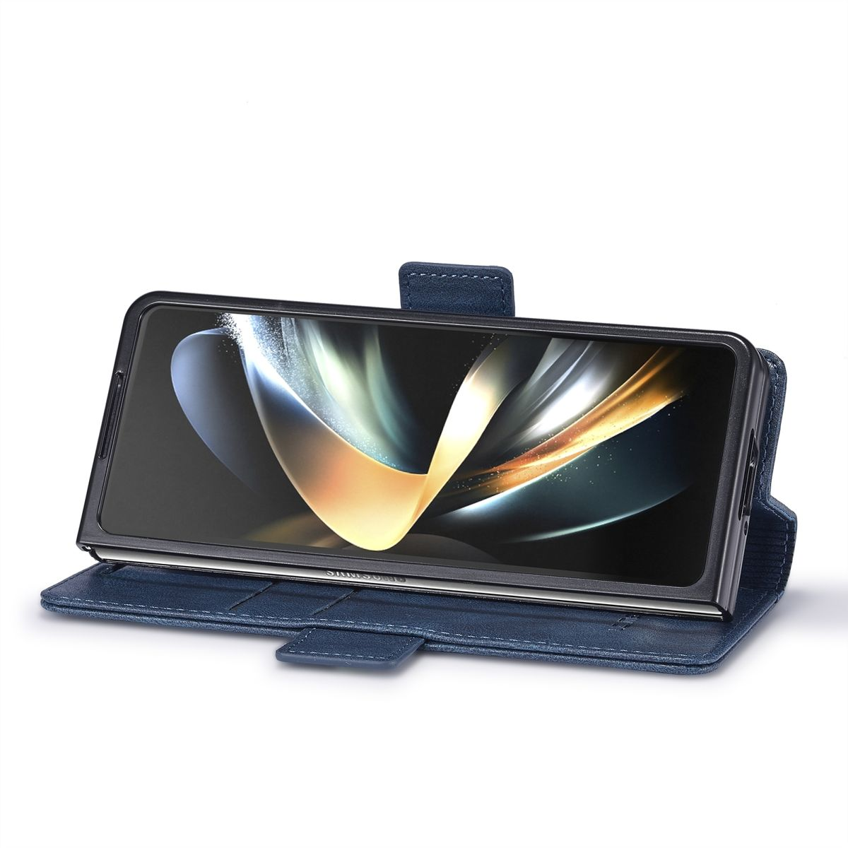 Blaue Handyhülle offen, zeigt das Telefon. Einfaches Design. Dunkelblaues Leder, auf weißem Hintergrund.