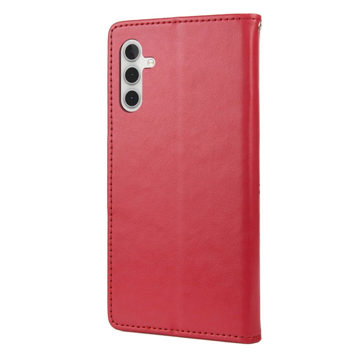 Rote Handyhülle, geschlossen, mit einem Telefon darin. Sie hat eine Vorder- und eine Rückseite, beide rot.