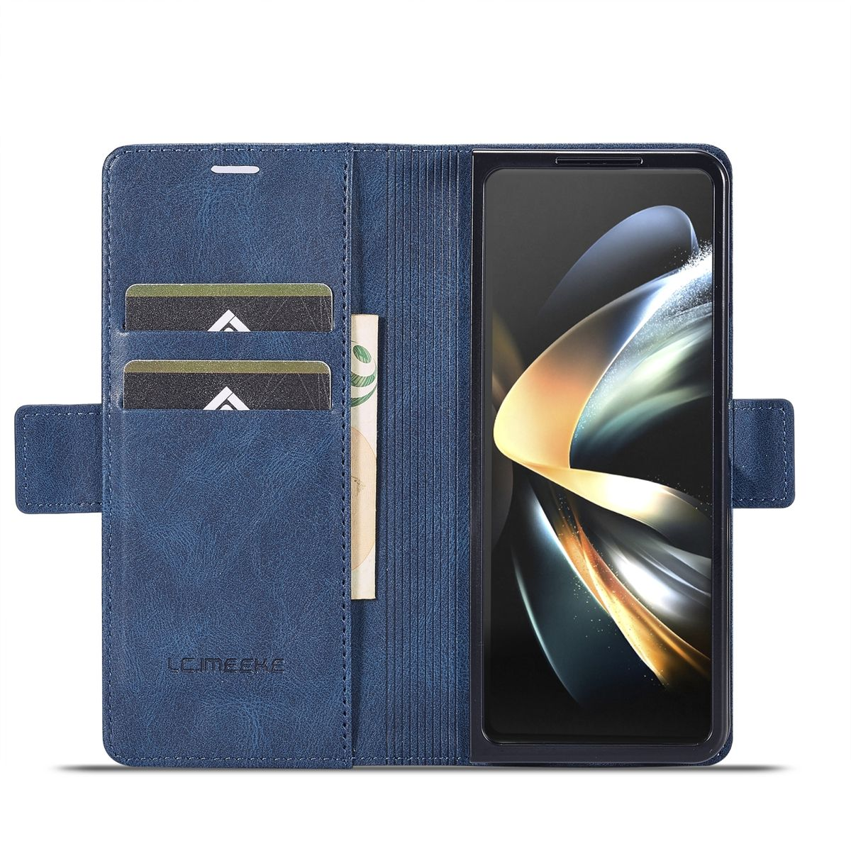 Offene blaue Handyhülle mit Karten und einem Telefon, das einen Bildschirm anzeigt.