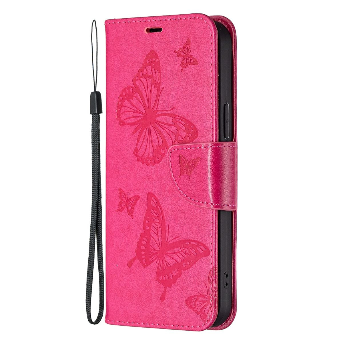 Rosa Handyhülle mit Schmetterlingsdesign. Vorderansicht. Mit Riemen. Hält Telefon. Geprägtes Schmetterlingsdesign auf Leder.