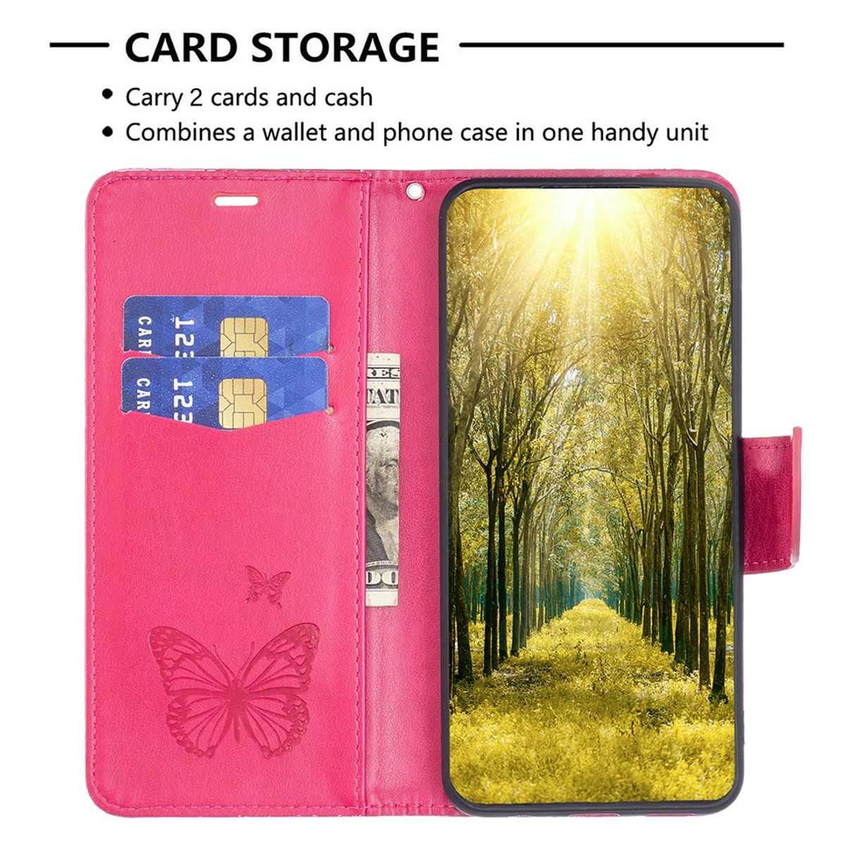 Offene pinke Handy-Geldbörsenhülle mit Karten, Bargeld und Handy. Schmetterlingsdesign auf der Vorderseite.
