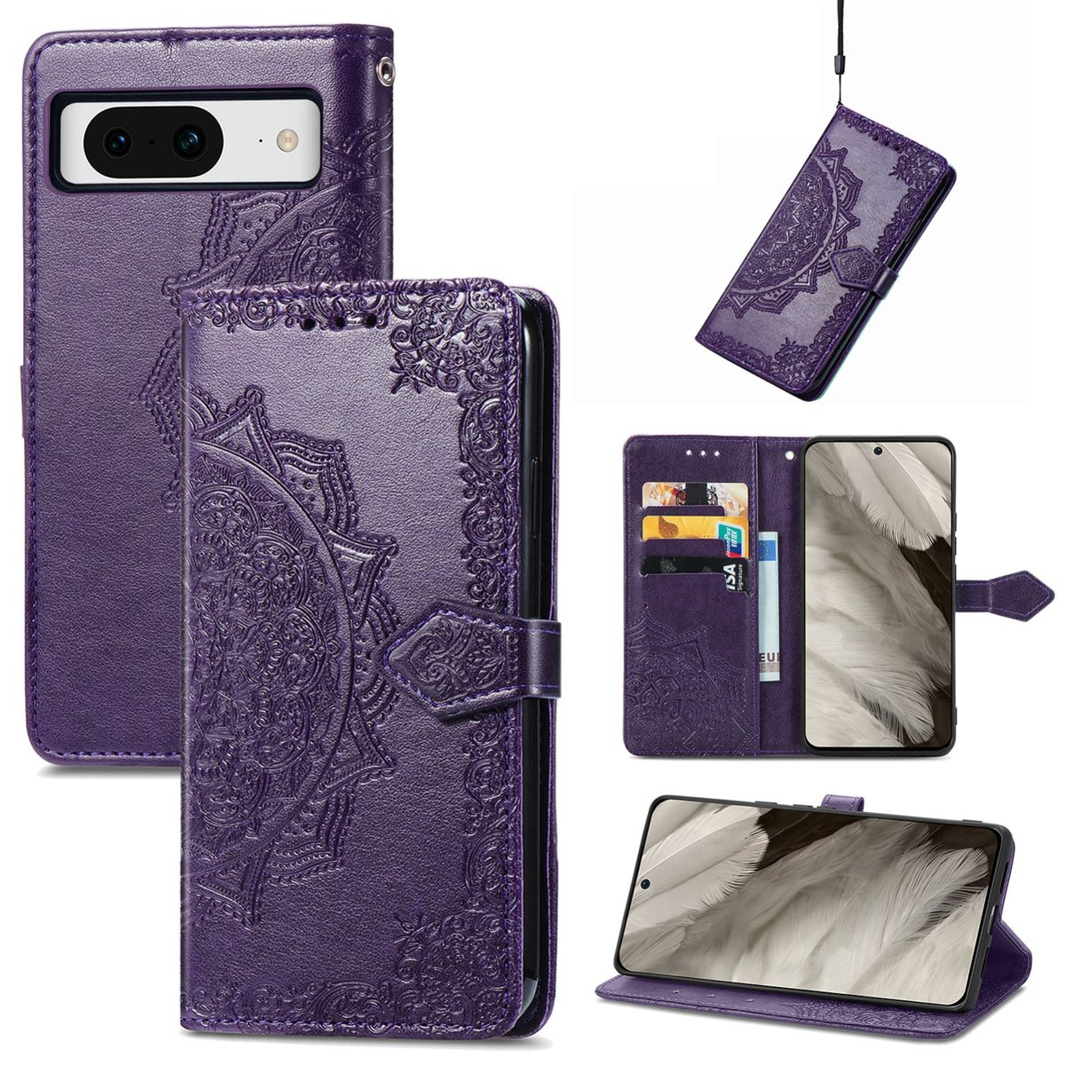 Lila Handyhülle mit Mandala-Design. Die Hülle hält ein Telefon und hat Kartenfächer mit Riemen.