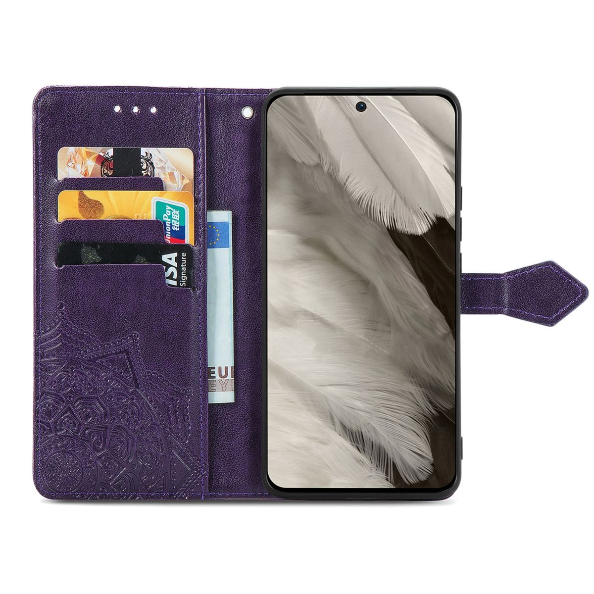 Lila Handyhülle mit Kartenfächern, zeigt Karten und ein Handy mit Feder-Design.