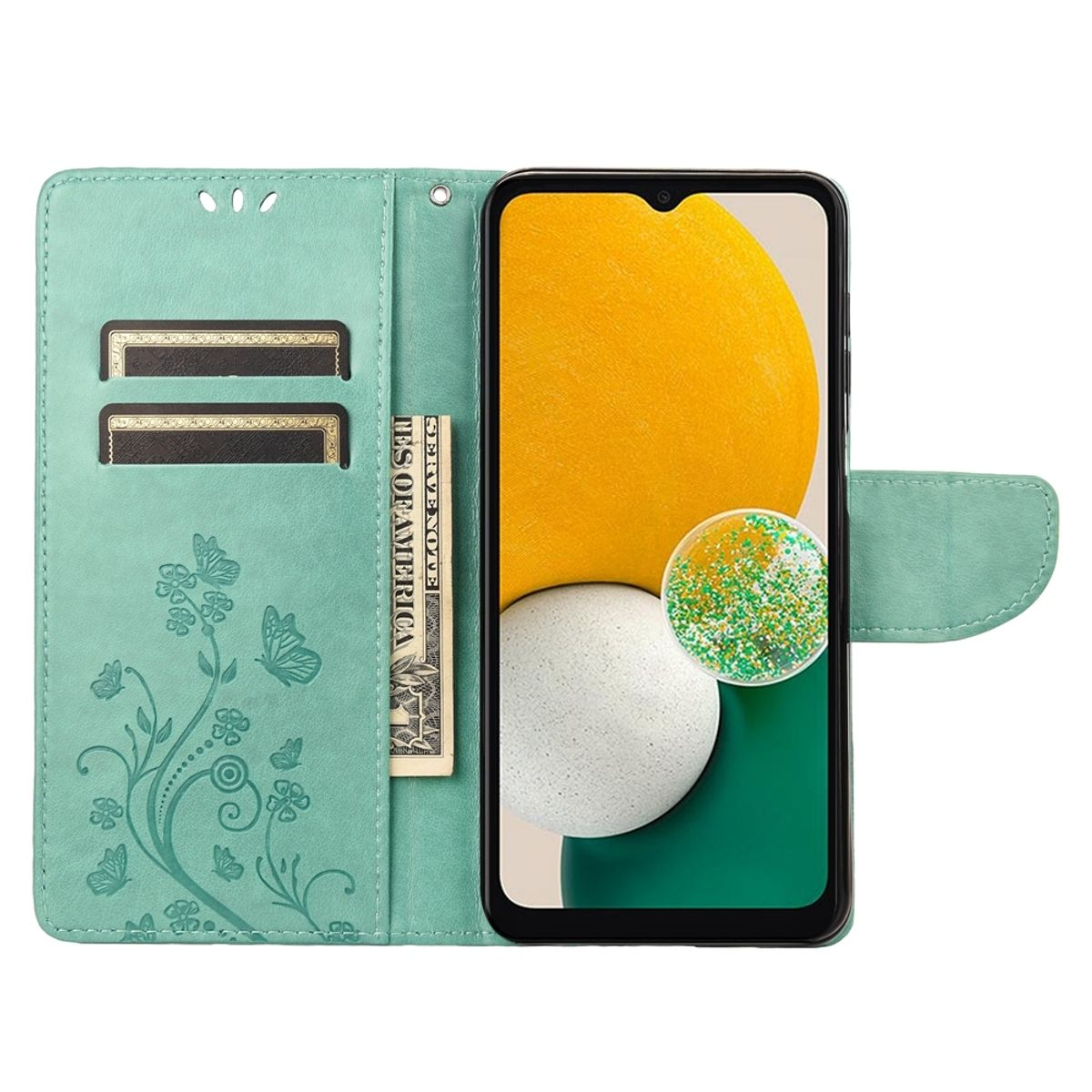 Offene Handyhülle. Telefon mit gelbem und weißem Design. Hat Geld- und Kartenfächer.