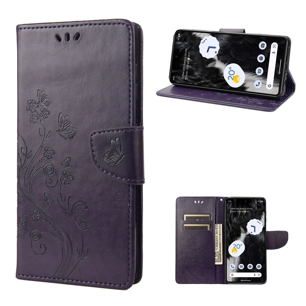Lila Handyhülle mit floralem Design. Mehrere Ansichten: vorne, hinten und offen mit Telefon, Karten.