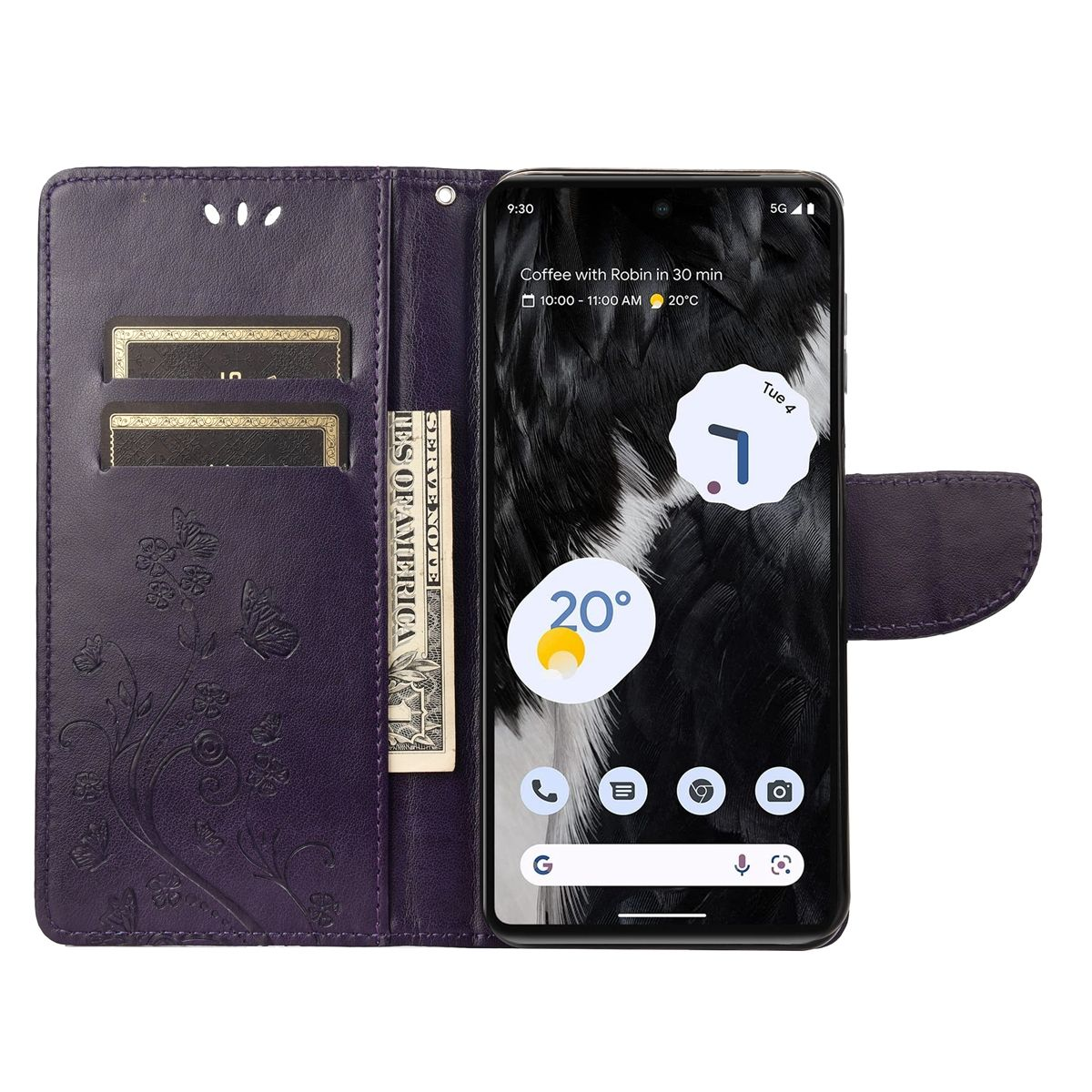 Geöffnete lila Brieftasche-Handyhülle, die ein Telefon mit App-Symbolen und Geld zeigt. Links sind Schmetterlinge.