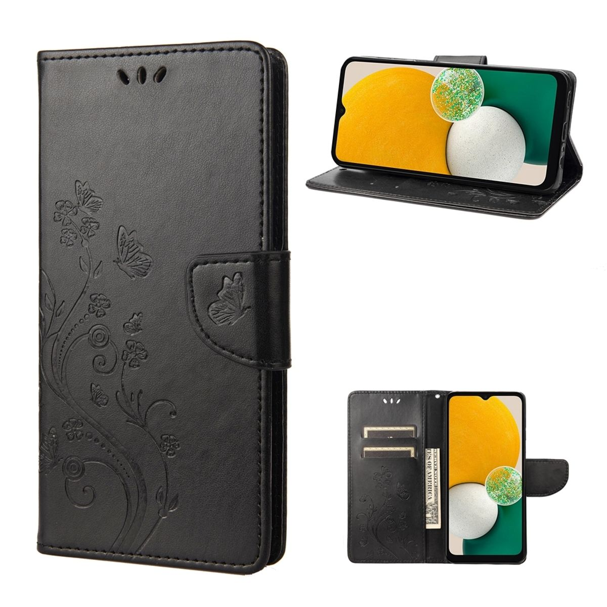 Schwarze Handyhülle mit Schmetterlingen und Blumendesign. Mit Magnetverschluss und offen mit Telefon.