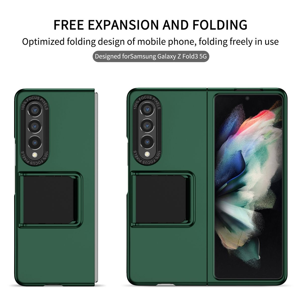 Grüne faltbare Handyhülle, mit geöffnetem und gefaltetem Telefon. Das Design lautet 'Free Expansion and Folding'.