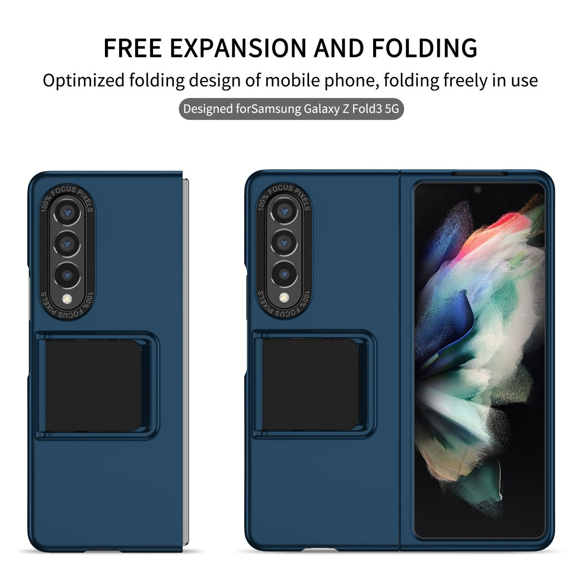 Zwei blaue Handyhüllen für ein Klapphandy. Der Text oben lautet 'Free Expansion and Folding'.