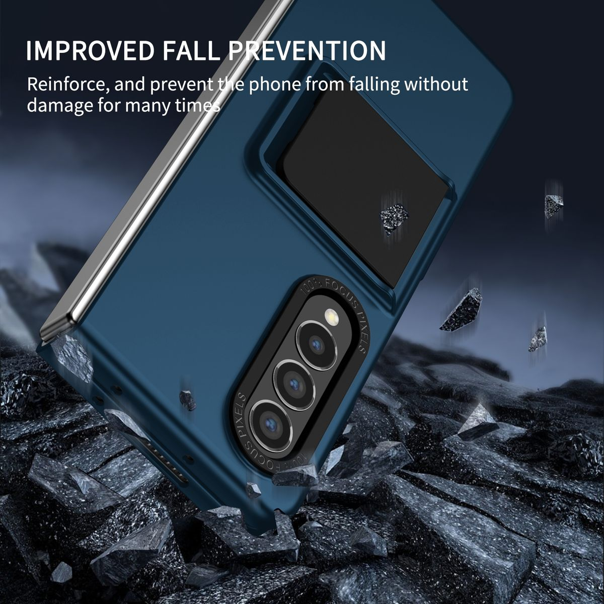 Blaue Handyhülle, Telefon darin und zerbrochene Steinstücke herum.