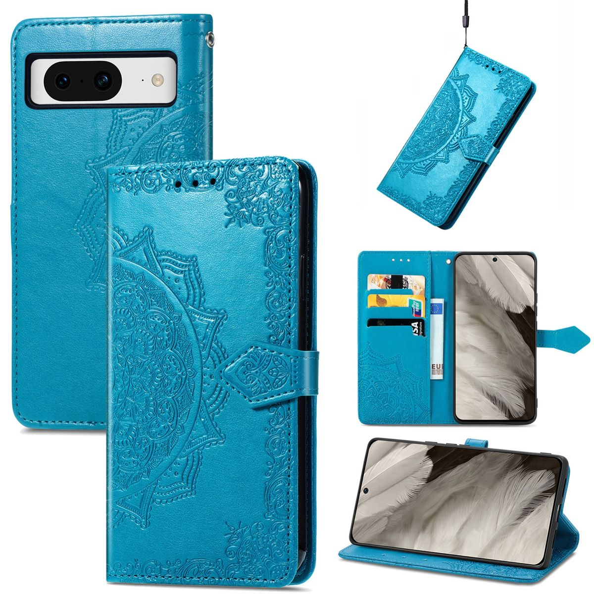 Blaue Handyhülle mit Mandala-Design. Ein Telefon, das ein Blumenbild zeigt, ist geöffnet und zeigt Karten.